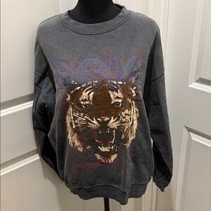 Anine Bing Charcoal Crewneck with Tiger Graphic and Blue Logo